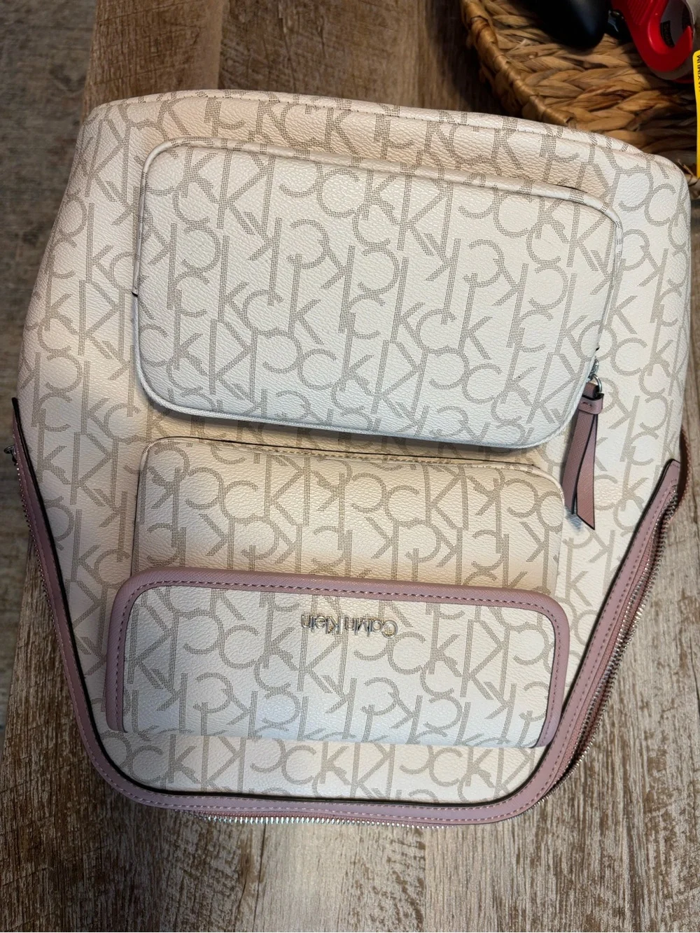 Calvin Klein Cream Canvas Backpack with Pink Trim